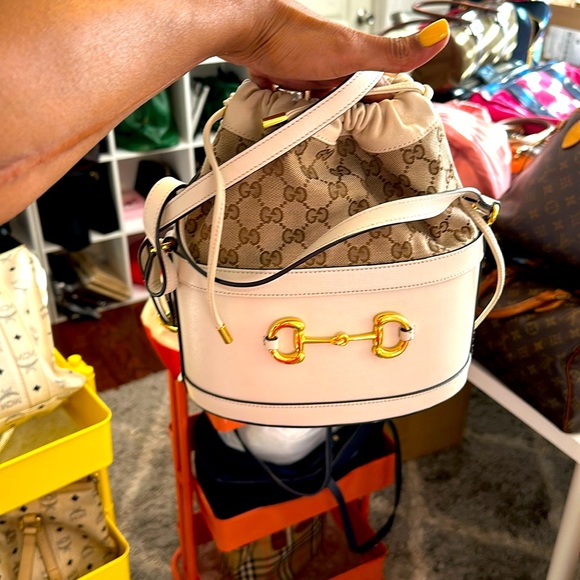 Gucci Handbags - Monogram Textured Calfskin Horsebit 1955 Drawstring Bucket Bag
